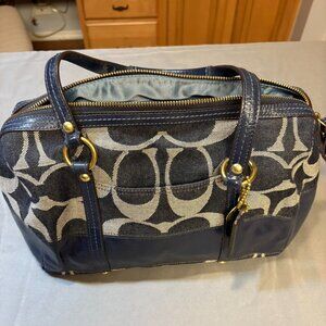 Coach Signature Stripe Barrel Satchel – Denim Blue & Navy Patent Leather